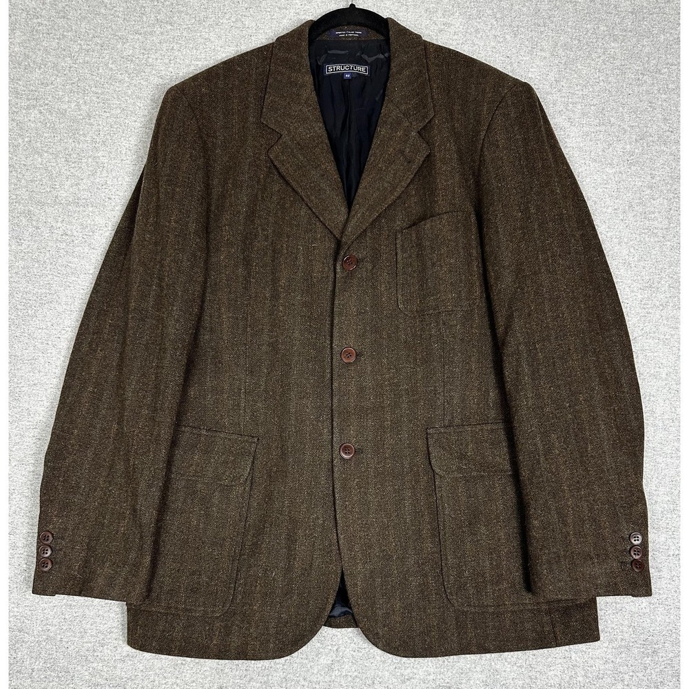 Structure Blazer Sport Coat Mens 40 Brown Wool Italian Fabric Herringbone Tweed